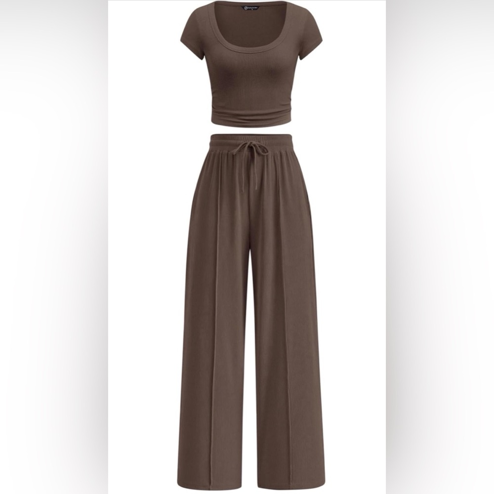 Pretty Garden 2 piece matching lounge wear set ribbed cropped top wide leg Large